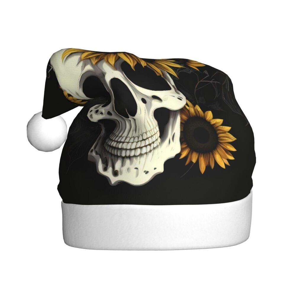 7566 Skull Sunflower Christmas Hat Adults, Santa Hats, Holiday Hat